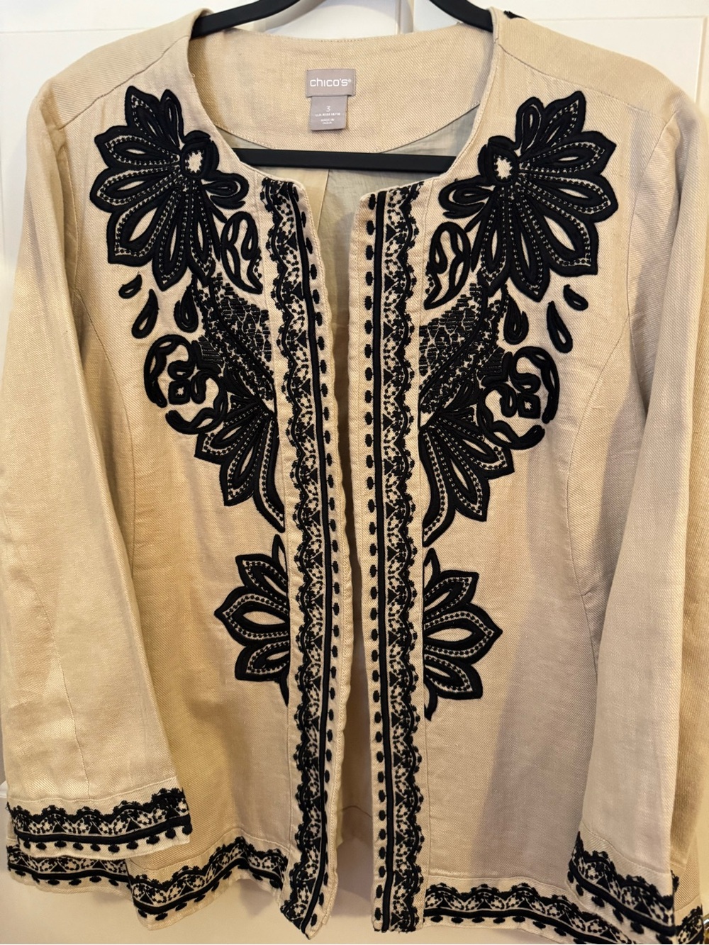 Chico's Jacket 100% Linen Tan Open Jacket with Black Embroidery Chicos Size 3 - Picture 9 of 15